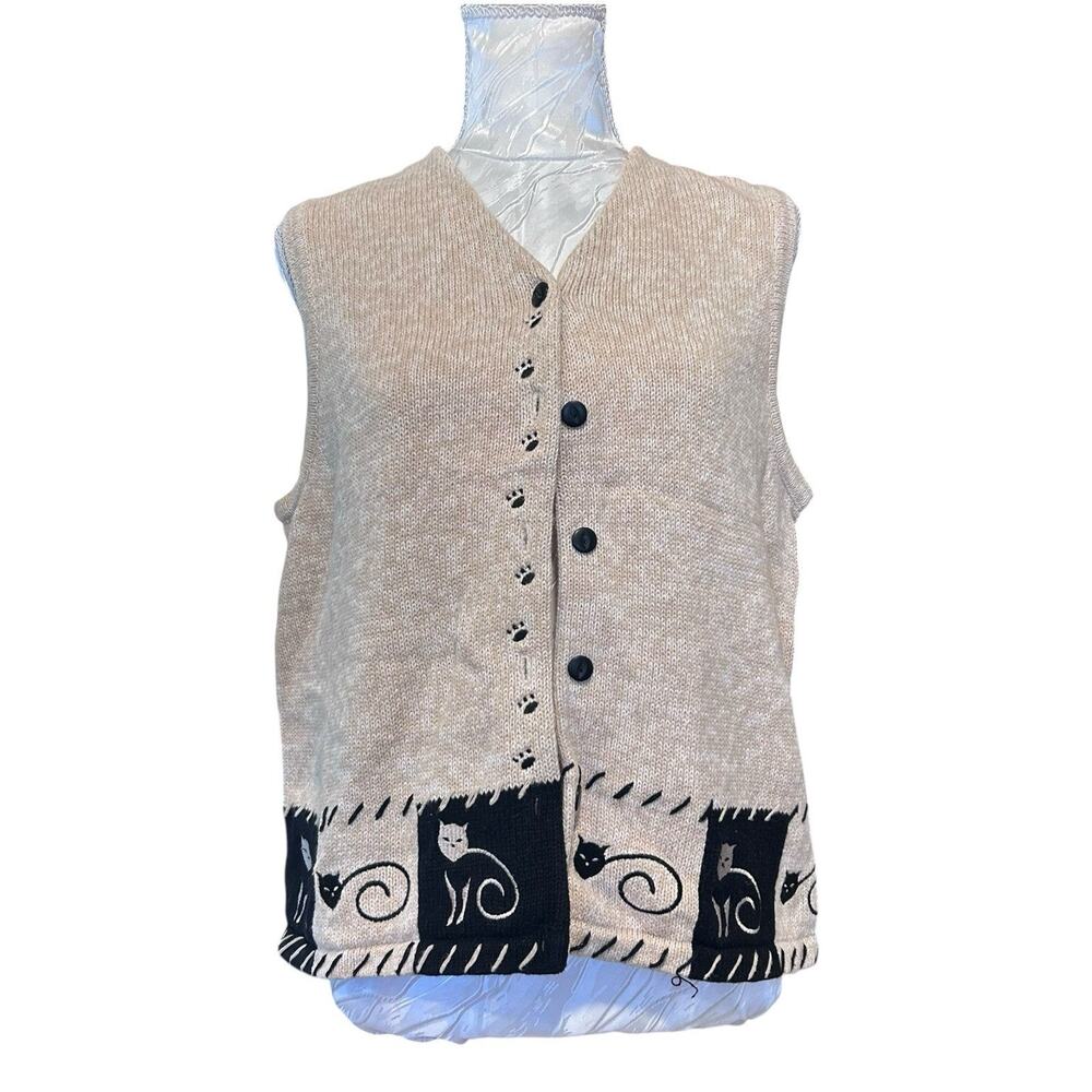Tan Embroidered Sleeveless Cat Knit Sweater Top Medium Whimsical Grandmacore